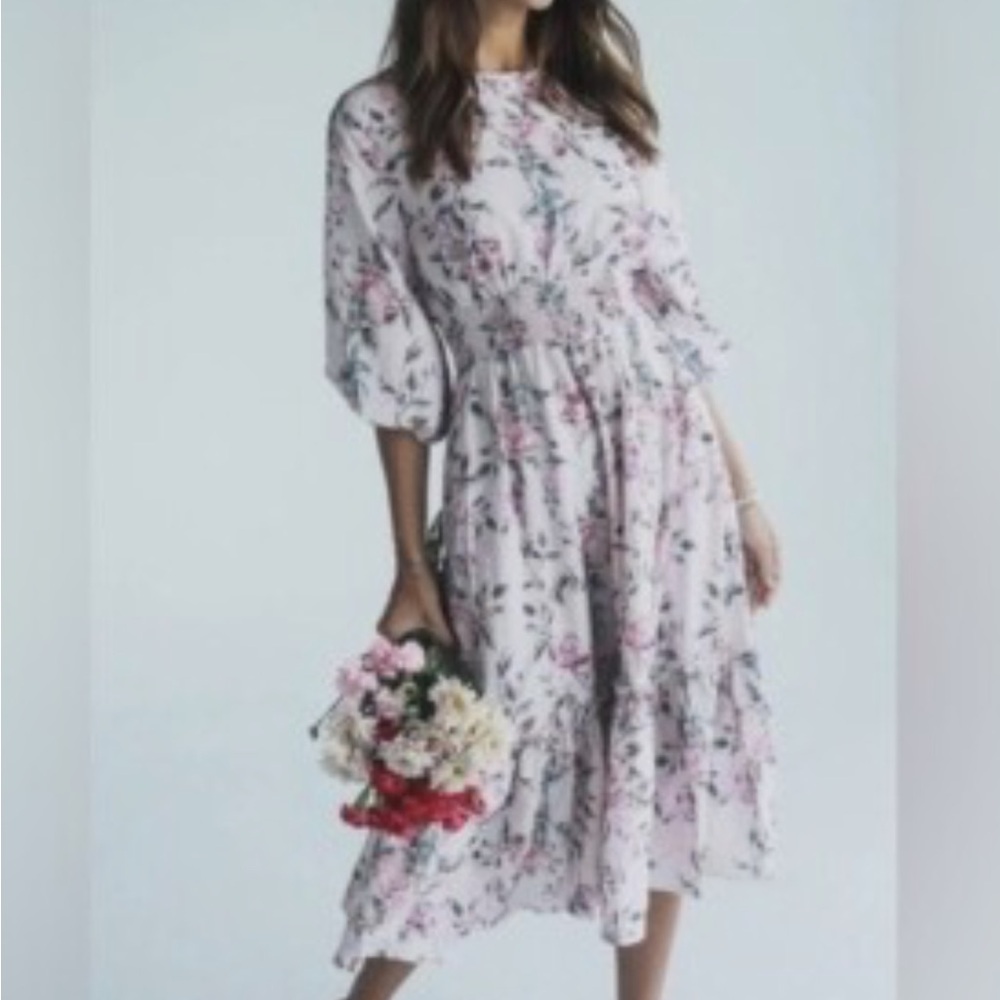 Pink and Red Ruffled Midi Dress with Bishop Sleeves